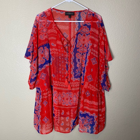Lane Bryant Sheer American Paisley Tassel Tie Blouse - Picture 2 of 12